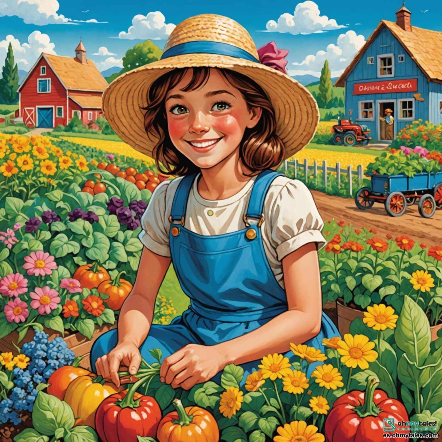 Une illustration destinée aux enfants représentant une femme au sourire chaleureux, vêtue d'un chapeau de paille, qui s'affaire joyeusement dans un jardin coloré de la ferme, entourée de rangées de légumes éclatants et de fleurs parfumées, tandis qu'un garçon aux yeux pétillants, son voisin curieux, l'aide à planter des graines sous un ciel bleu azur parsemé de nuages cotonneux.
