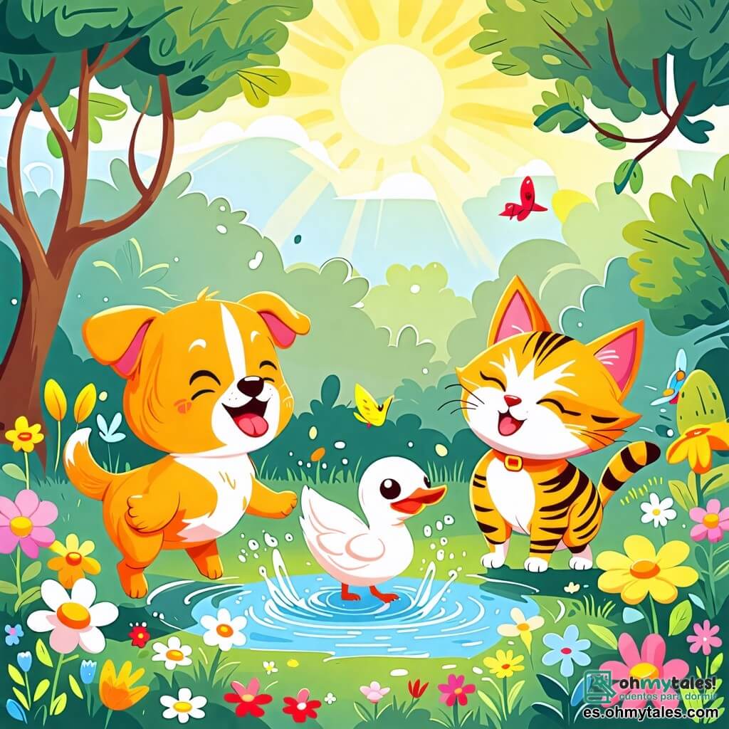 Une illustration sous forme de dessin destinée aux enfants représentant un parc ensoleillé rempli de fleurs colorées et d'arbres verdoyants, avec un petit chien aux poils dorés courant joyeusement, la langue pendante et la queue frétillante, tandis qu'une chatte aux yeux pétillants et au pelage rayé observe en riant, et un canard aux plumes blanches et jaunes, les ailes écartées, qui vient de tomber dans un charco, éclaboussant de l'eau autour de lui, capturant ainsi un moment amusant de camaraderie et de jeu entre amis animaux.