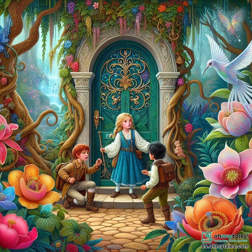 Une illustration destinée aux enfants représentant une jeune fille intrépide se tenant devant une porte mystérieuse, accompagnée de ses amis, un garçon courageux et une fille astucieuse, dans un jardín enchanté rempli de fleurs exotiques aux couleurs vives et brillantes, entouré d'arbres qui chuchotent des secrets et de créatures magiques.