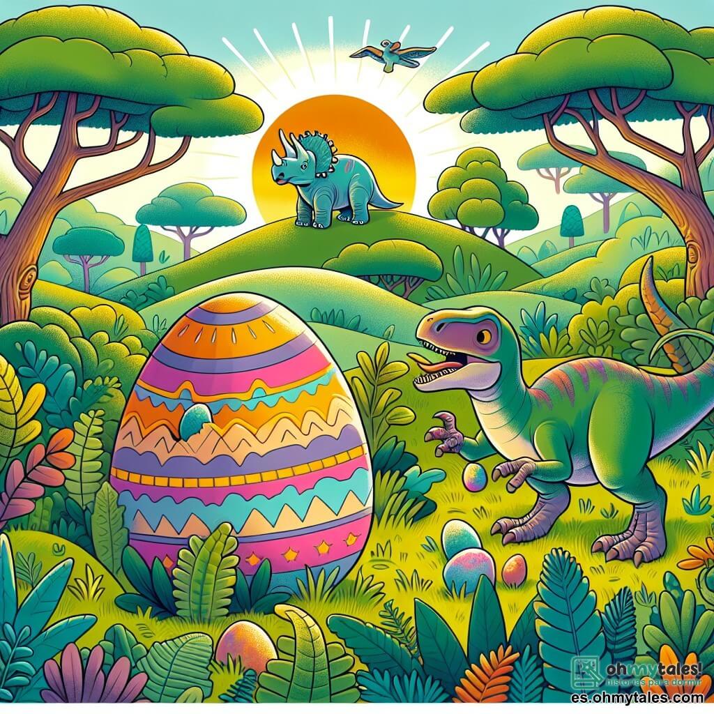 Une illustration destinée aux enfants représentant un vélociraptor curieux, se tenant sur une colline verdoyante au cœur d'une vaste forêt préhistorique, découvrant un mystérieux œuf coloré, tandis qu'un petit triceratops émerge joyeusement de son cocon.
