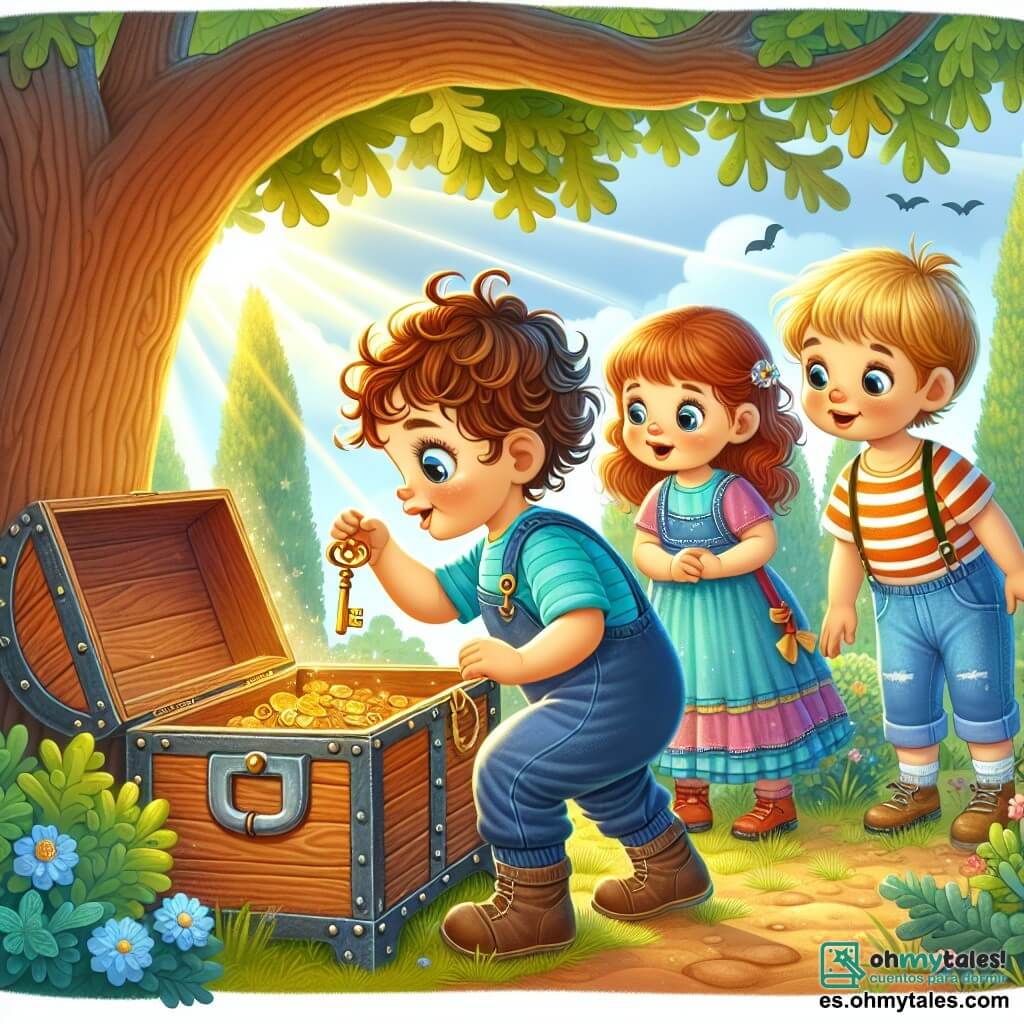 Une illustration sous forme de dessin destinée aux enfants représentant un parc ensoleillé avec de grands arbres verdoyants et un vieux baúl en bois sous un chêne, où un garçon de 1 an aux cheveux bouclés et aux yeux pétillants, vêtu d'une salopette bleue, se penche curieusement pour examiner une petite clé dorée qu'il tient dans sa main, tandis qu'une fille de 5 ans aux cheveux longs et bruns, portant une robe colorée, et un garçon de 4 ans aux cheveux blonds, habillé d'un t-shirt rayé, l'observent avec des expressions d'excitation et d'émerveillement, tous trois prêts à découvrir le trésor caché mentionné dans une note mystérieuse trouvée dans le baúl.