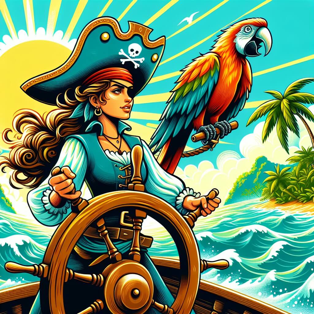 Une illustration destinée aux enfants représentant une courageuse capitaine pirate, cheveux au vent, tenant fermement la barre de son navire, accompagnée de son fidèle perroquet, naviguant sur une mer turquoise parsemée d'îles tropicales luxuriantes et d'un soleil éclatant.