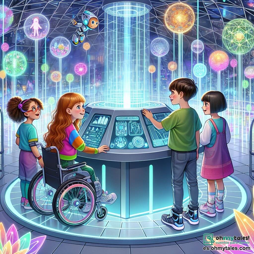 Ilustración que representa un parque futurista, el Parque de la Innovación, lleno de estructuras de vidrio brillante y luces de neón coloridas. Árboles de formas geométricas y flores luminosas añaden un toque mágico al entorno. En el centro, un grupo de cuatro niños se encuentra en una plataforma circular, rodeada de hologramas flotantes. Hay una niña de cabello rizado y castaño, de unos 11 años, que sonríe con entusiasmo. Ella está en silla de ruedas, lleva una camiseta colorida y gafas futuristas. A su lado, una niña de cabello largo y rubio, también de 11 años, que lleva un traje tecnológico y parece lista para explorar. Un niño de cabello corto y castaño, de aproximadamente 11 años, con una mirada decidida, está inclinado sobre un panel de control holográfico. Finalmente, otra niña, de cabello lacio y negro, de 11 años, observa atentamente la pantalla, con los ojos brillando de emoción. La escena principal muestra a los niños preparándose para activar un sistema de teletransportación, con sus rostros iluminados por las luces brillantes a su alrededor. Drones flotan arriba y criaturas fantásticas, como pequeños dragones coloridos, vuelan alegremente en el aire. La atmósfera está llena de energía y curiosidad, capturando el espíritu de aventura e innovación de esta ciudad futurista.