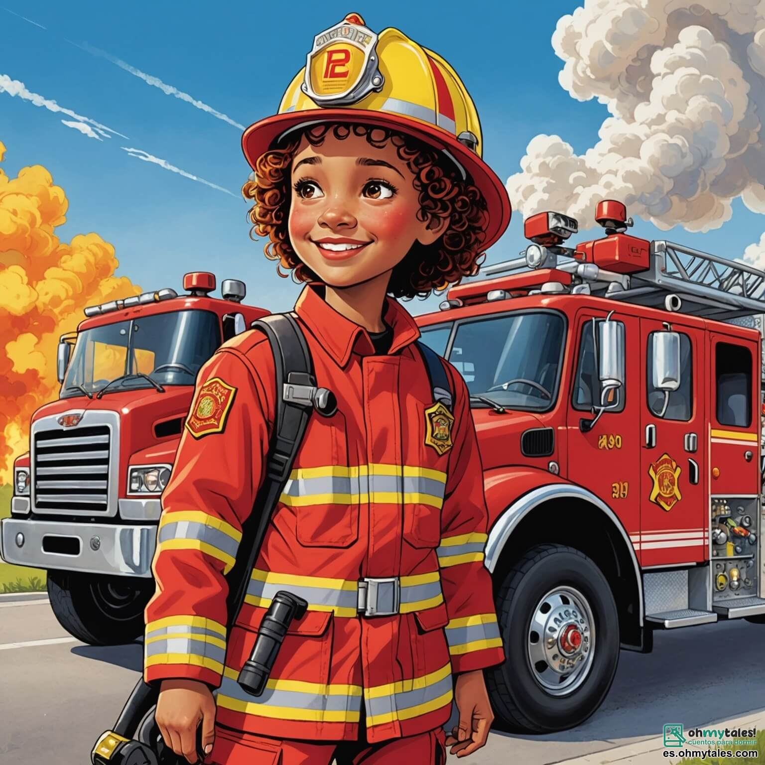 Une illustration destinée aux enfants représentant une courageuse femme pompière au sourire éclatant, vêtue d'un uniforme rouge flamboyant et d'un casque jaune étincelant, se tenant fièrement à côté de son puissant camion de pompiers, "Rayo", garé sous un ciel bleu azur parsemé de nuages cotonneux, tandis qu'elle explique avec passion aux deux enfants, un garçon aux yeux pétillants et une petite fille curieuse aux cheveux bouclés, comment prévenir les incendies et sauver des animaux, le tout dans un parc verdoyant rempli de fleurs colorées et d'arbres majestueux, où l'odeur de l'herbe fraîche et le chant des oiseaux créent une atmosphère joyeuse et pleine de vie.