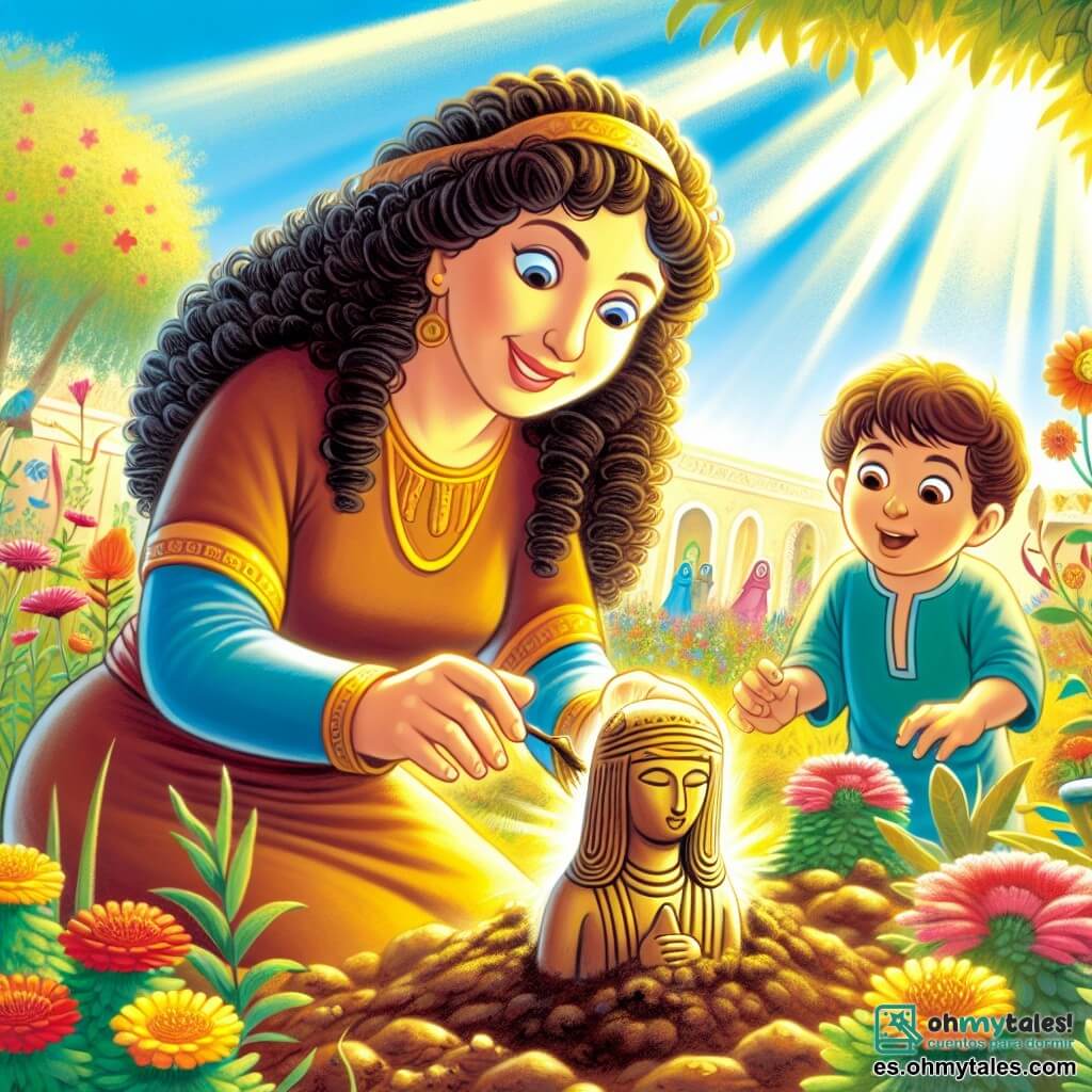 Une illustration destinée aux enfants représentant une femme aux cheveux bouclés et au sourire éclatant, plongée dans la terre de son jardin ensoleillé, découvrant une mystérieuse figurine ancienne, tandis qu'un garçon curieux, son neveu, l'observe avec des yeux émerveillés, le tout se déroulant dans un jardin vibrant de couleurs, où les fleurs dansent sous la brise légère et les rayons du soleil filtrent à travers les feuilles des arbres, créant un tableau enchanteur de nature et d'aventure.