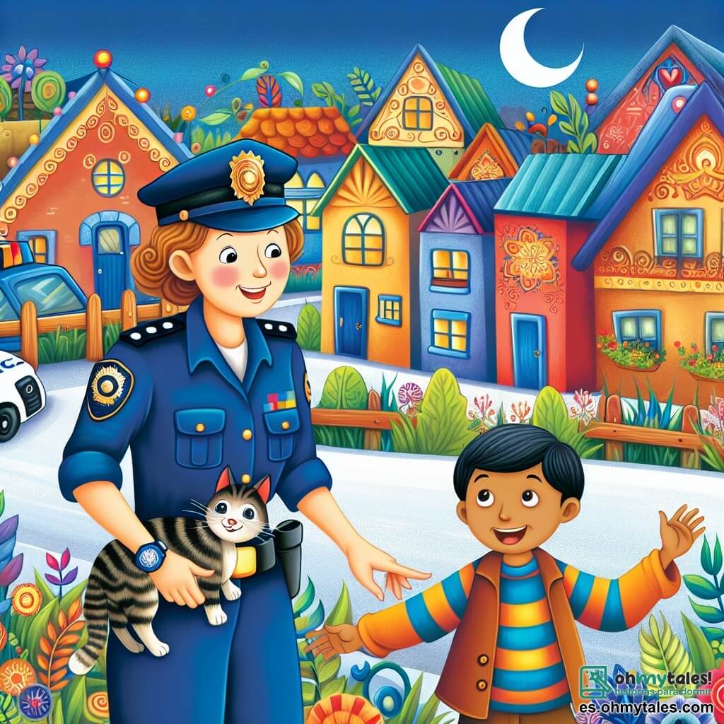 Une illustration destinée aux enfants représentant une femme policier courageuse, aidant un garçon à retrouver son chat perdu, dans les rues colorées et animées du village de Villa Feliz.
