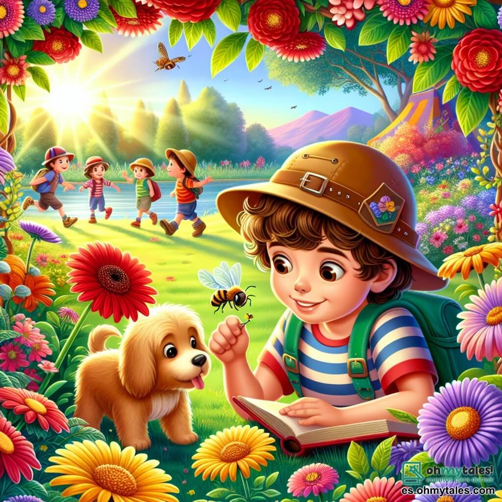 Une illustration sous forme de dessin destinée aux enfants représentant un jardin vibrant de couleurs printanières, avec des fleurs éclatantes de rouge, jaune et violet, où un garçon de 9 ans aux cheveux bruns et bouclés, portant une casquette d'aventurier et un t-shirt rayé, est accroupi en train d'observer une abeille sur une fleur, tandis qu'un petit chien à la fourrure dorée, curieux, s'approche de lui, et au loin, des amis rient en jouant près d'un étang, le tout baigné par la douce lumière du soleil de printemps.