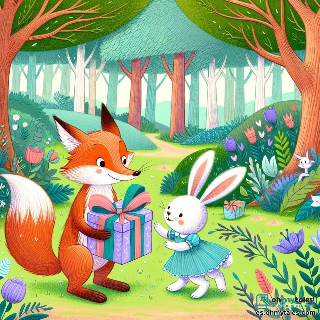Une illustration destinée aux enfants représentant un renard malicieux, une fête surprise, un petit lapin malicieux, dans un magnifique bosque enchanté où les arbres dansent au rythme du vent.