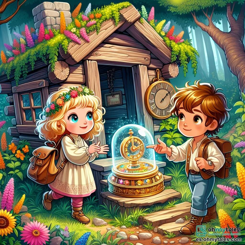 Une illustration sous forme de dessin destinée aux enfants représentant une cabaña ancienne en bois, entourée de verdure et de fleurs colorées, où une fille de 7 ans aux cheveux bouclés et dorés, portant une tunique légère et un sac à dos, explore avec émerveillement une machine à voyager dans le temps brillante, tandis qu'un garçon aux yeux pétillants et à la couronne de fleurs l'observe avec un sourire amical, tous deux plongés dans une aventure magique où l'amitié et la découverte du passé se mêlent.