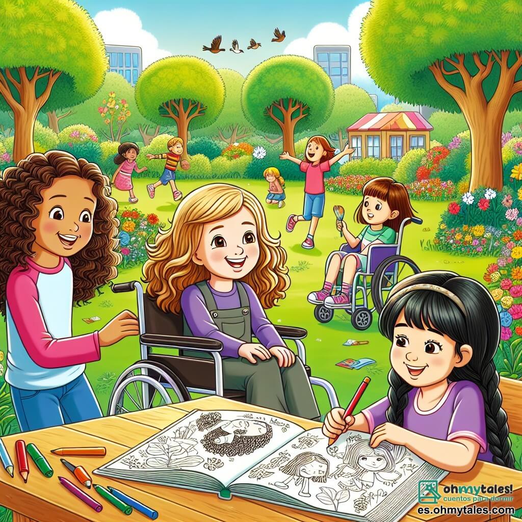 Ilustración que representa un parque soleado, lleno de flores coloridas y árboles con hojas verdes brillantes. En el centro, un grupo de cuatro chicas, todas de aproximadamente once años, se reúne alrededor de una mesa de madera. Una de las chicas, con cabello castaño y rizado, sonríe alegremente mientras sostiene un libro ilustrado. A su derecha, una chica con cabello rubio y liso, sentada en una silla de ruedas, observa atentamente el libro, con los ojos brillantes de entusiasmo. Junto a ella, una chica con cabello castaño y rizado, con una gran sonrisa, muestra una ilustración del libro a sus amigas. La última chica, con cabello negro y una trenza, está dibujando en una hoja de papel, concentrada y creativa. En el fondo, niños juegan y ríen, mientras los pájaros cantan en los árboles, creando una atmósfera alegre y amistosa. Esta escena ilustra la amistad y la creatividad, mostrando que cada niño, sin importar sus diferencias, puede compartir momentos valiosos juntos.