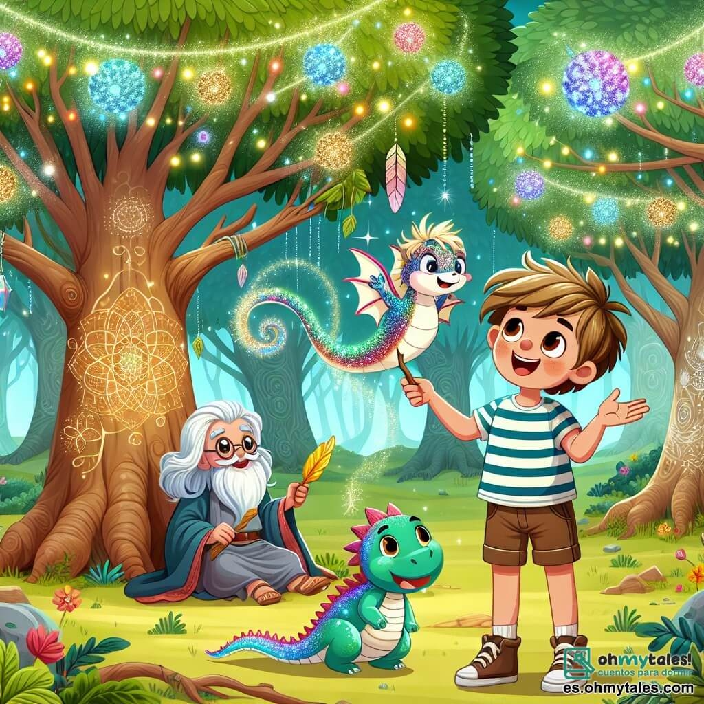 Une illustration sous forme de dessin destinée aux enfants représentant un vaste et lumineux Bosque de los Susurros, rempli d'arbres aux feuilles scintillantes et de fleurs colorées, où un garçon de 7 ans aux cheveux ébouriffés et aux yeux pétillants, vêtu d'une chemise à rayures et d'un short, se tient avec un sourire émerveillé, tenant une plume dorée dans une main, tandis qu'un petit dragon holographique, brillant de couleurs vives, flotte joyeusement à ses côtés, alors qu'ils se préparent à rencontrer un sage aux cheveux argentés, assis sous un arbre majestueux, pour recevoir des conseils sur leur quête pour retrouver le Cristal de la Joie volé par un maléfique seigneur.