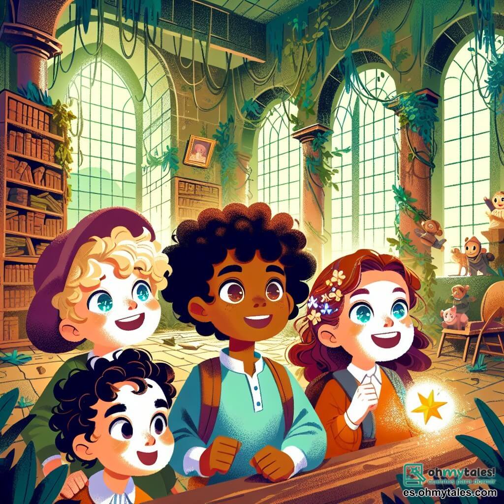 Une illustration sous forme de dessin destinée aux enfants représentant un groupe de quatre enfants de sept ans, deux garçons aux cheveux bouclés et aux yeux pétillants, et deux filles aux cheveux longs et colorés, explorant un vieux bâtiment abandonné recouvert de lierre, avec des visages émerveillés et un mélange d'excitation et d'appréhension, alors qu'ils découvrent une étoile magique flottante au centre d'une pièce poussiéreuse, entourés de toiles d'araignées et de vieux meubles, symbolisant leur courage et leur esprit d'aventure.