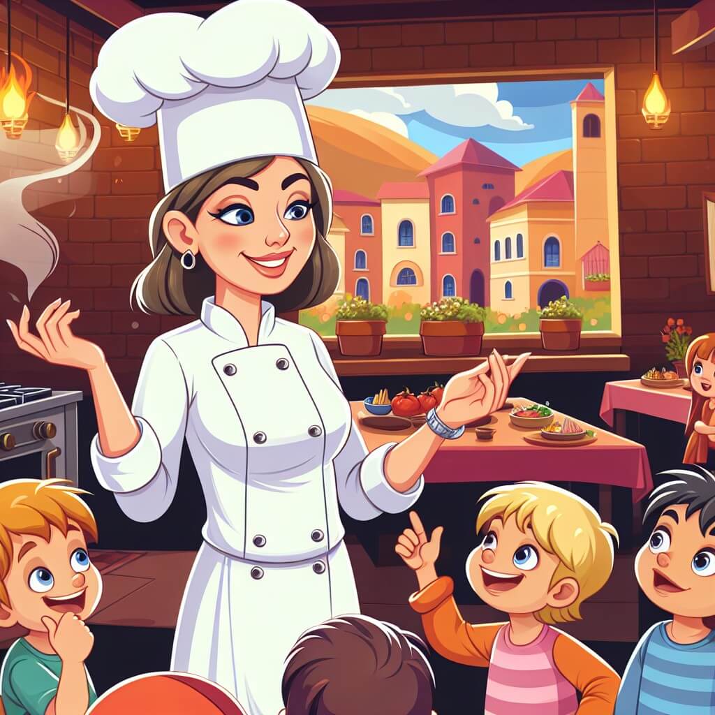 Une illustration destinée aux enfants représentant une femme chef cuisinier passionnée, entourée d'enfants curieux, dans un restaurant chaleureux aux murs colorés, avec des arômes appétissants flottant dans l'air, situé au cœur d'un petit village pittoresque appelé Saboresville.