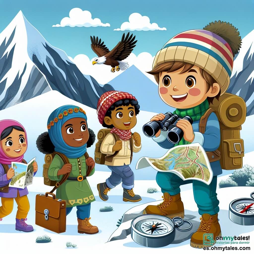 Une illustration destinée aux enfants représentant un jeune garçon intrépide, entouré de ses amis, explorant une montagne enneigée, où se cache un mystère à résoudre.