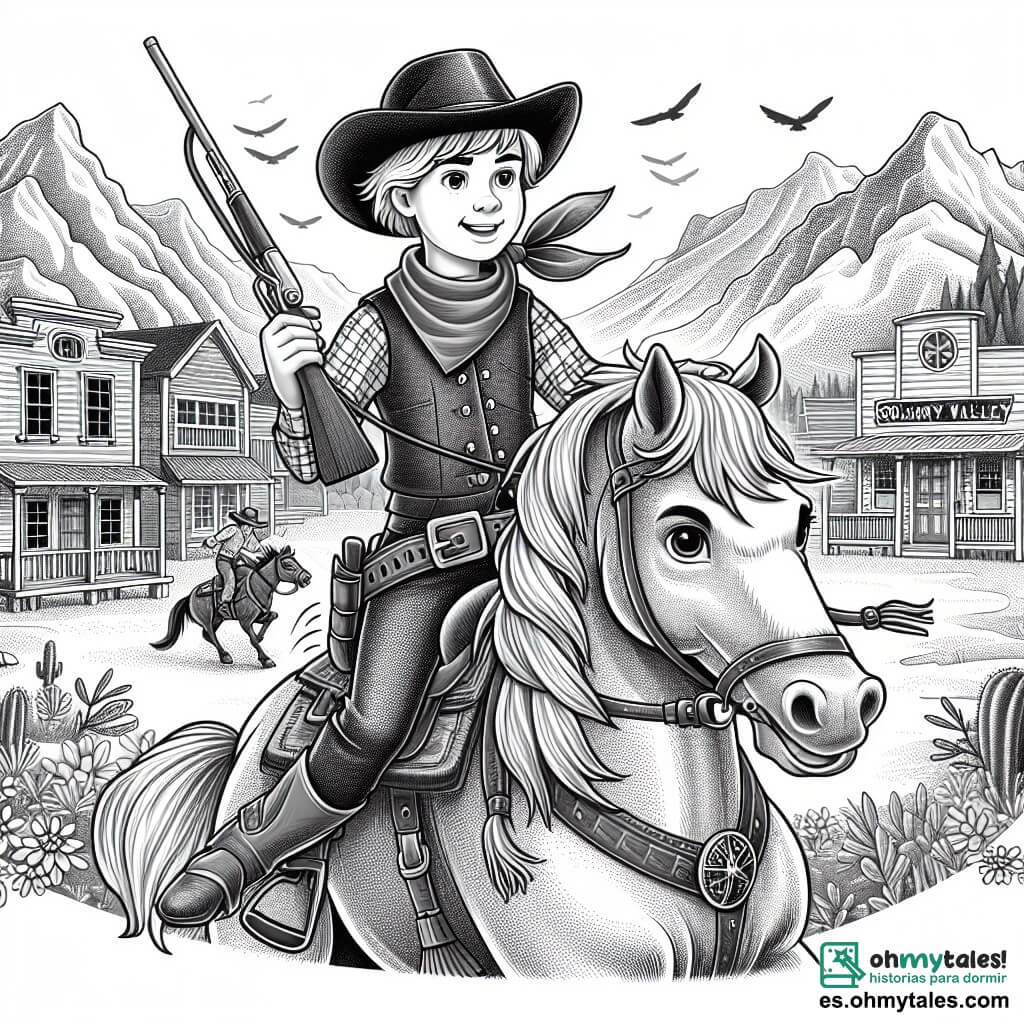 Une illustration destinée aux enfants représentant une jeune cowgirl courageuse, affrontant des bandits redoutables avec l'aide de son fidèle cheval, Trueno, dans le paisible village de Valle Solitario, au cœur du Far West.