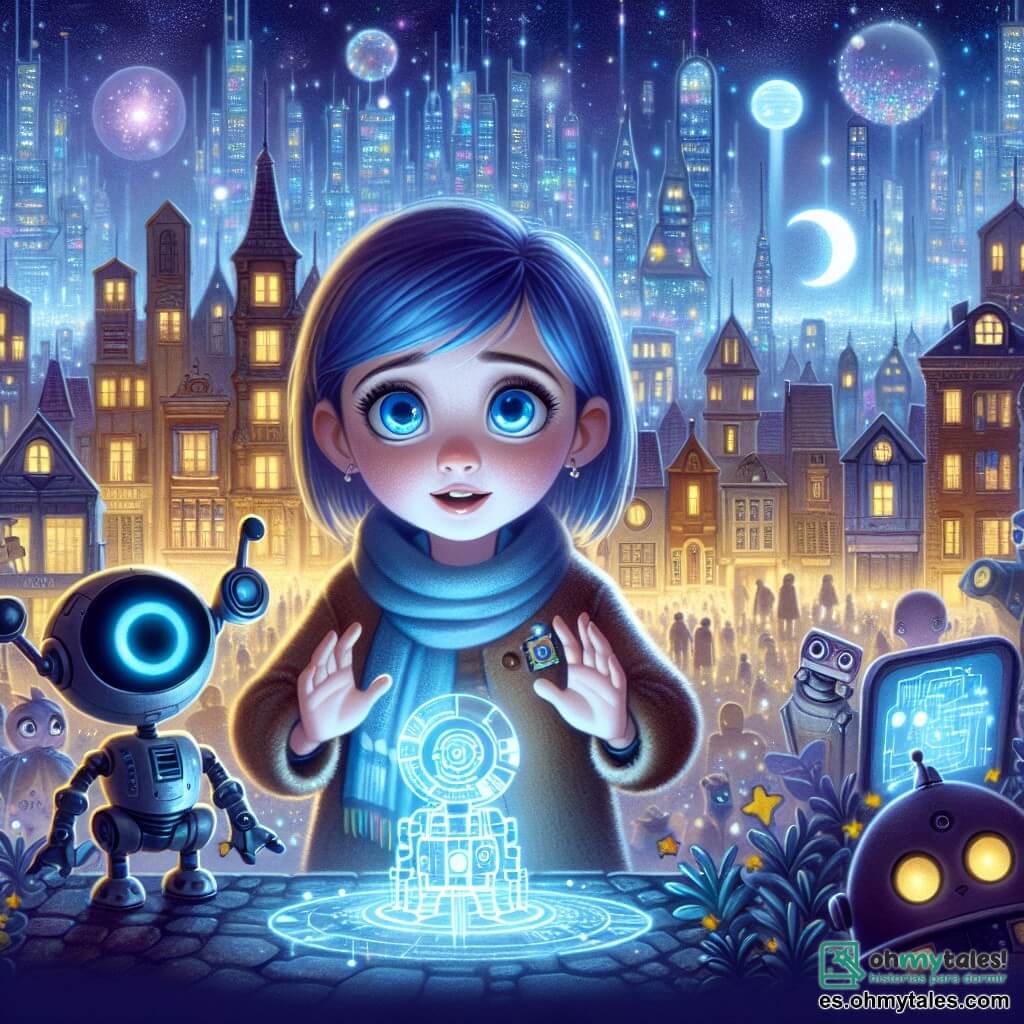 Une illustration destinée aux enfants représentant une petite fille aux cheveux bleus et aux yeux brillants, découvrant un mystérieux communicateur intergalactique avec l'aide de son ami robot dans la fascinante et futuriste Ville de las Luces, où les bâtiments atteignent le ciel et les hologrammes illuminent les rues.