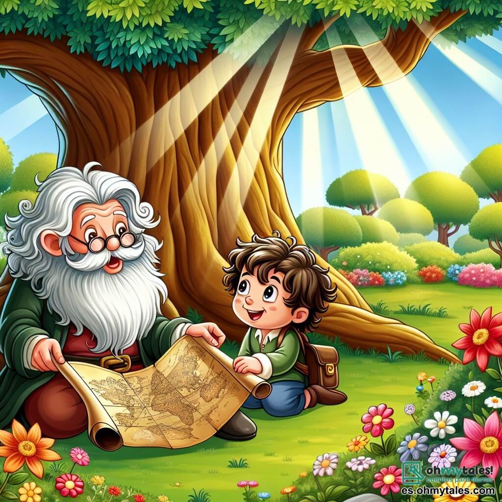 Une illustration sous forme de dessin destinée aux enfants représentant un magnifique jardin ensoleillé, rempli de fleurs colorées et d'arbres majestueux, où un garçon de 5 ans aux cheveux bouclés et aux yeux pétillants explore avec émerveillement un vieux mappe, tandis qu'un sage ancêtre à la longue barbe blanche, assis sous un arbre géant, lui sourit et lui pose des questions profondes sur la vie, symbolisant la quête de sagesse et de compréhension dans un monde rempli de curiosité.