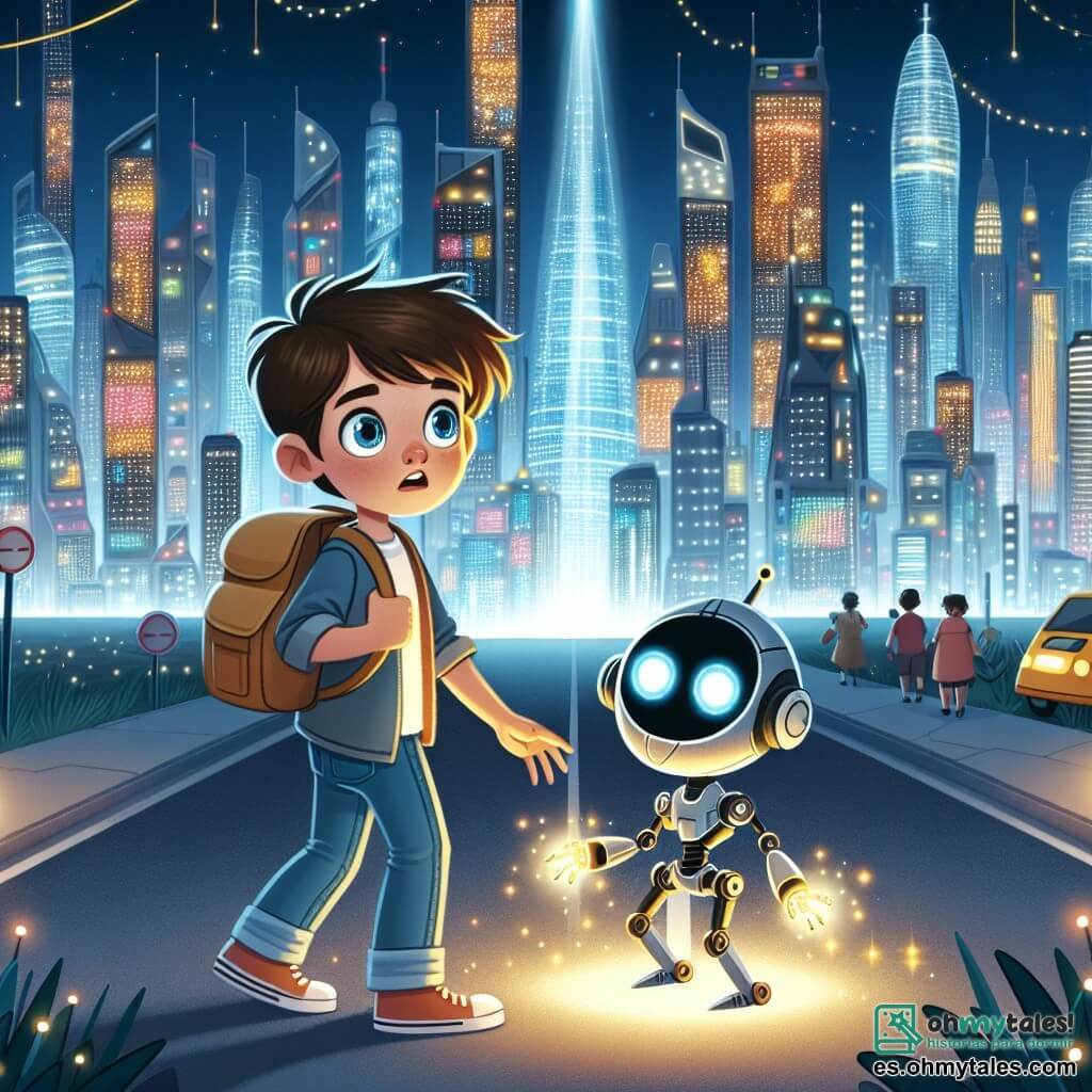 Une illustration destinée aux enfants représentant un garçon curieux et aventurier, accompagné d'un robot transformable, découvrant un enfant extraterrestre aux yeux brillants, dans la splendide ville futuriste de Lumina, avec ses gratte-ciels illuminés et ses rues peuplées de robots.