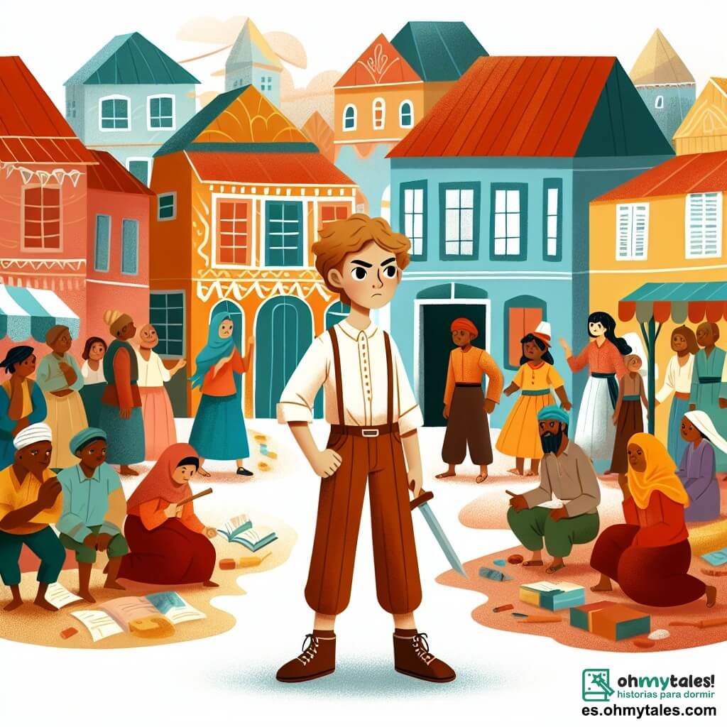 Une illustration destinée aux enfants représentant une jeune fille courageuse, confrontant les préjugés et l'injustice dans un village coloré et accueillant, entourée de personnes de différentes cultures et origines.