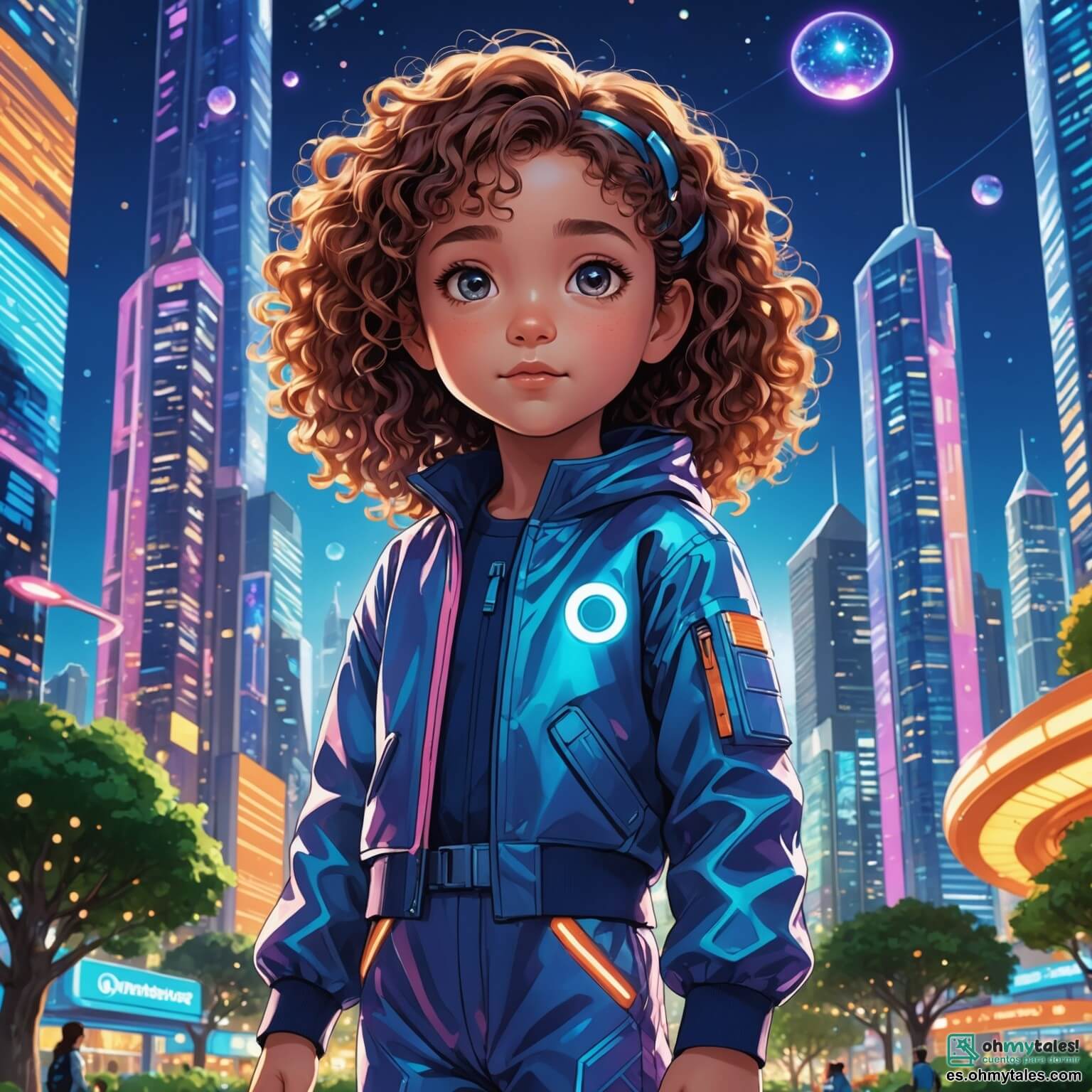 Une illustration destinée aux enfants représentant une petite fille aux yeux pétillants et aux cheveux bouclés, vêtue d'une combinaison futuriste aux couleurs vives, se tenant au milieu d'une métropole éclatante de lumières scintillantes et de bâtiments en verre aux formes organiques, où des voitures volantes glissent gracieusement dans un ciel azur, tandis qu'elle explore le Parc de la Diversité, un jardin technologique où des arbres holographiques aux feuilles lumineuses murmurent des secrets, entourée de deux amis : un garçon aux cheveux noirs et à la peau dorée, passionné de culture japonaise, et une fille aux cheveux blonds et aux yeux clairs, qui adore créer des origamis, tous unis dans leur quête d'amitié et de compréhension dans ce monde futuriste.