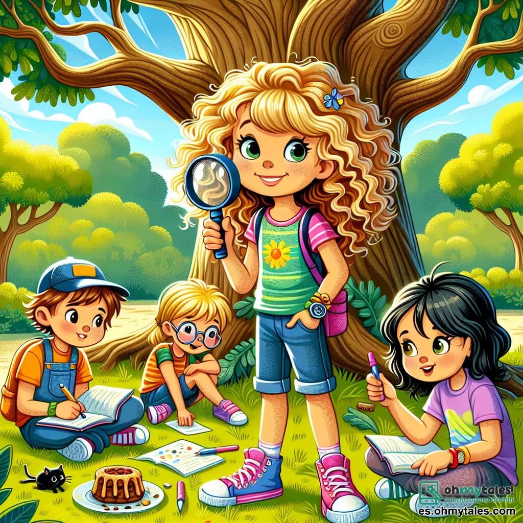 Ilustración que representa una escena soleada en un parque verde, con un gran roble en el centro, cuyas ramas se extienden como brazos acogedores. Al pie del árbol, una niña de 11 años, con cabello rizado y dorado, lleva una camiseta colorida y un short. Está sentada en la hierba, sosteniendo una lupa de plástico en una mano y una pequeña libreta en la otra, mostrando una expresión de curiosidad y emoción. A su lado, dos amigos: un niño de 12 años, con cabello castaño desordenado y una gorra, que mira a su alrededor con aire intrigado, y una niña de 11 años, con cabello liso y negro, que toma notas con un lápiz, con los ojos brillantes de entusiasmo. La escena principal muestra a los niños en plena investigación, buscando pistas sobre la misteriosa desaparición de una tarta, con elementos gráficos como un pequeño gato negro con un collar de cascabel que los observa desde un rincón, y migajas de pastel esparcidas por la hierba, añadiendo un toque de misterio y humor a la escena.
