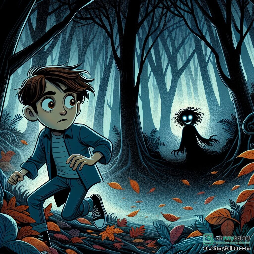 Une illustration sous forme de dessin destinée aux enfants représentant une forêt sombre et mystérieuse, où un garçon de 11 ans aux cheveux bruns en désordre et aux yeux écarquillés, vêtu d'un t-shirt bleu et de jeans, avance prudemment sur un sentier recouvert de feuilles mortes, tandis qu'une silhouette éthérée, une créature avec des yeux brillants et un sourire énigmatique, l'observe depuis l'ombre des arbres, créant une atmosphère à la fois intrigante et légèrement inquiétante, alors qu'il se prépare à affronter ses peurs et découvrir le cœur de la selva.