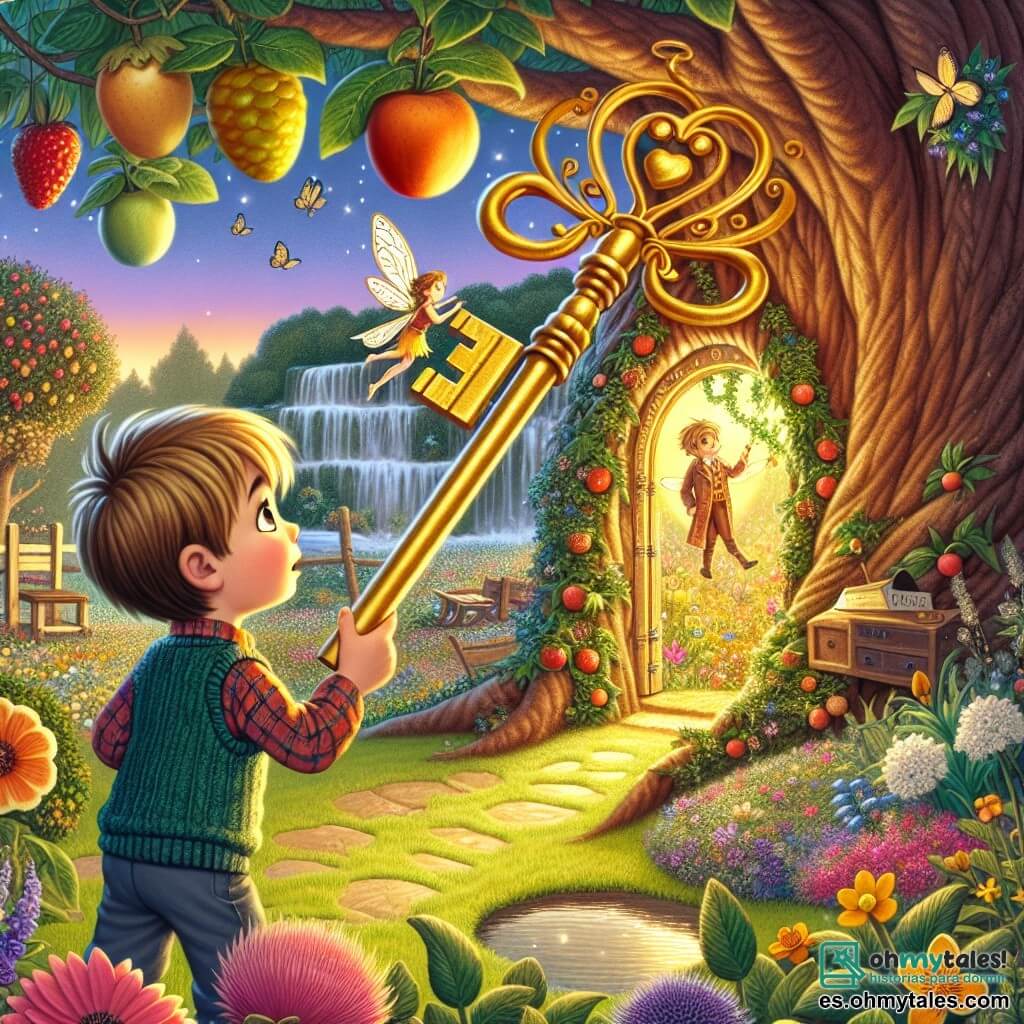 Une illustration destinée aux enfants représentant un jeune garçon curieux découvrant une clé dorée dans son jardin, ouvrant une porte secrète dans un arbre géant pour révéler un magnifique jardin rempli de fleurs colorées, où il rencontre un petit hada nommée Isabella, dans un décor féerique avec des arbres fruitiers et des cascades d'eau scintillante.