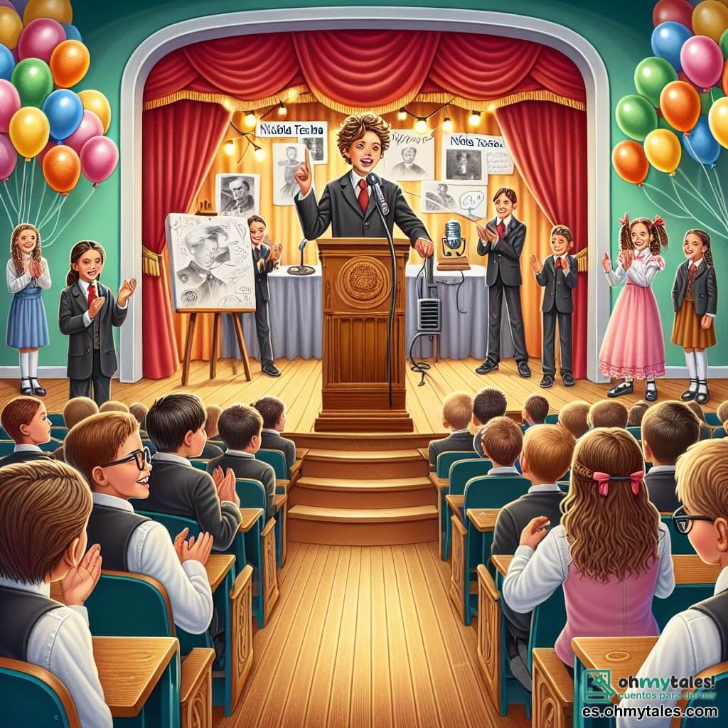 Ilustración que representa una escena en un auditorio luminoso, lleno de bancos de madera de colores y globos flotantes colgados del techo. En el centro del escenario, una gran cortina roja está abierta, dejando espacio para un podio donde se lleva a cabo una presentación. En el podio, un niño de once años, con cabello rizado y una expresión decidida, habla con pasión frente a un público atento. A su lado, una niña de once años, con cabello largo y liso, sonríe y lo anima, sosteniendo fichas en sus manos. Otro niño, también de once años, con gafas y una mirada concentrada, se encuentra junto a una pizarra donde hay esquemas sobre Nikola Tesla. La situación principal muestra al niño ganando confianza en sí mismo, expresándose con entusiasmo, mientras sus amigos lo apoyan, creando una atmósfera de apoyo y amistad. Al fondo, los alumnos escuchan atentamente, algunos aplaudiendo, mientras que otros muestran sonrisas admirativas, ilustrando la importancia de la confianza en uno mismo y del trabajo en equipo.