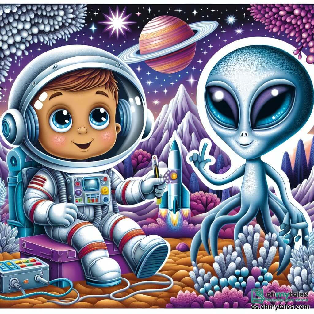 Une illustration destinée aux enfants représentant un astronaute courageux et curieux, faisant face à une panne de sa fusée dans l'espace, avec un extraterrestre amical aux grands yeux lumineux, sur un magnifique et mystérieux planète lointaine aux montagnes violettes et aux arbres argentés scintillants.