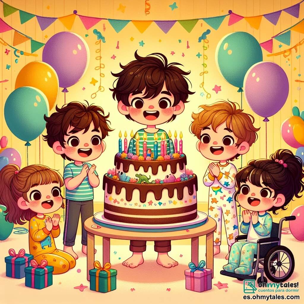 Ilustración que representa una sala de estar acogedora, decorada con globos de colores y guirnaldas brillantes. Las paredes están pintadas de amarillo pastel, y una gran mesa en el centro está adornada con un magnífico pastel de chocolate, decorado con velas multicolores. Un niño de seis años, con cabello castaño alborotado y una amplia sonrisa, lleva una camiseta a rayas y pantalones cortos. Está de pie en el centro, con los brazos levantados en señal de alegría. A su derecha, una niña de seis años, con cabello rubio largo recogido en dos coletas, lleva un pijama con estampado de estrellas. Ella aplaude con entusiasmo. A su izquierda, una niña de seis años en silla de ruedas, con cabello rizado y una camiseta con un unicornio, sonríe mientras sostiene un pequeño regalo. Finalmente, un niño de seis años, con gafas y cabello negro, está sentado en el suelo, rodeado de dibujos de dinosaurios, dibujando una invitación. La escena captura la emoción y la magia de una fiesta de cumpleaños, con risas y estallidos de alegría, mientras burbujas flotan en el aire, añadiendo un toque de fantasía al conjunto.