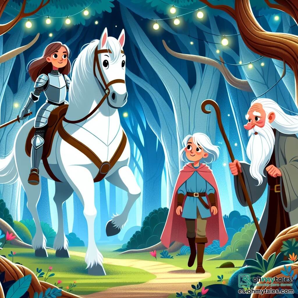 Une illustration destinée aux enfants représentant une chevalière intrépide, accompagnée de son fidèle corcel blanc, se lançant dans une quête épique à travers un bois enchanté aux arbres centenaires et aux lumières dansantes, rencontrant un ancien sage aux rides profondes.