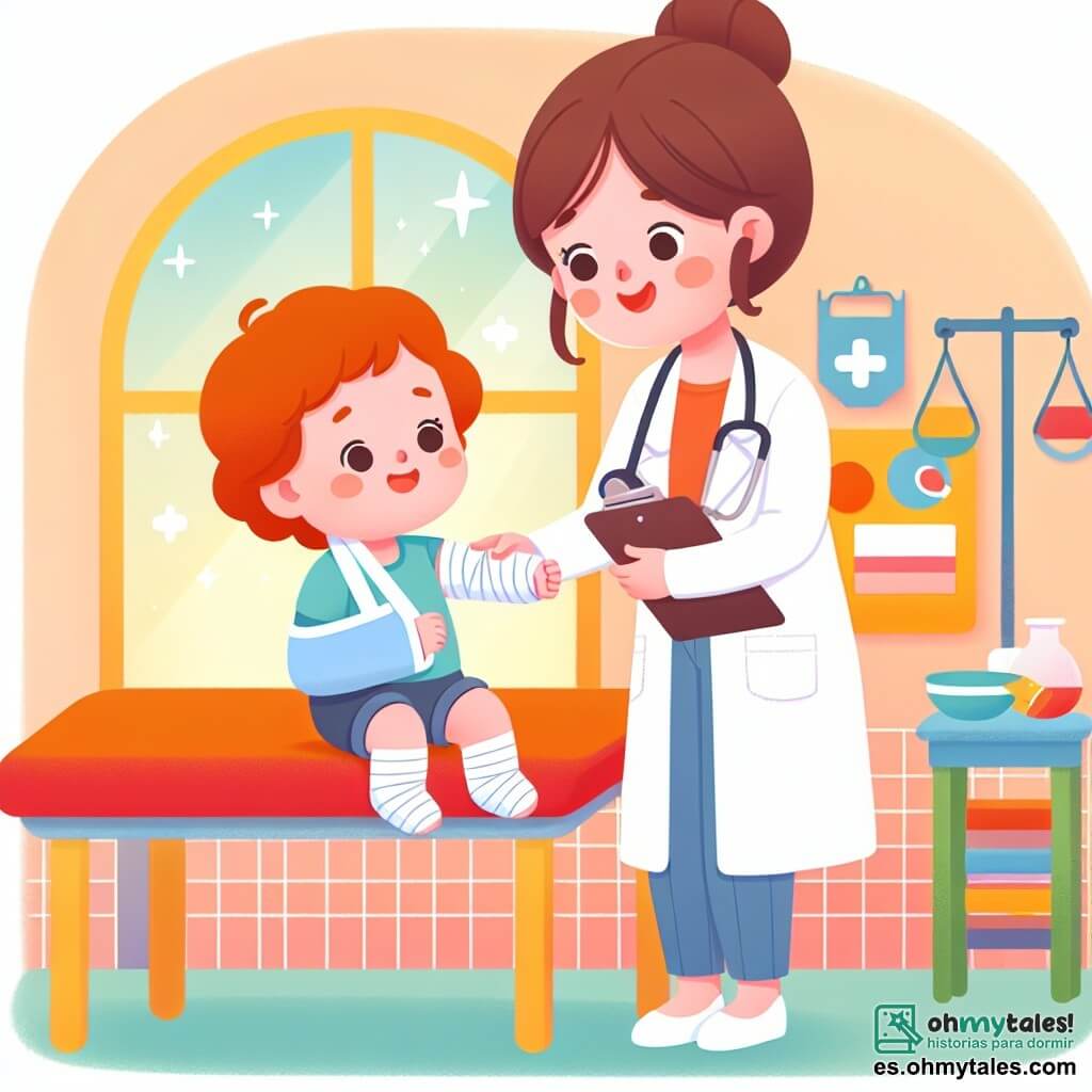 Une illustration destinée aux enfants représentant une femme médecin souriante examinant un enfant avec un bras en écharpe dans une salle de consultation colorée et chaleureuse à Arcoiris.