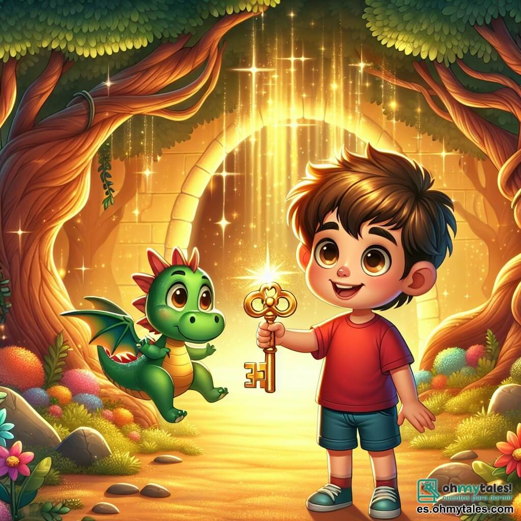 Une illustration sous forme de dessin destinée aux enfants représentant un clair de forêt enchanté, baigné de lumière dorée, où un garçon de 5 ans aux cheveux bruns et aux yeux pétillants, vêtu d'un t-shirt rouge et de shorts bleus, tient une clé dorée scintillante dans sa main, tandis qu'un petit dragon vert aux écailles brillantes et aux yeux malicieux vole joyeusement autour de lui, le tout dans une ambiance magique où des arbres aux troncs tordus et des fleurs colorées créent un décor féerique, illustrant le moment où le garçon découvre la porte mystérieuse qui mène à un monde d'aventures.