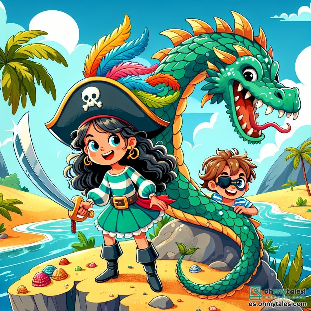 Une illustration sous forme de dessin destinée aux enfants représentant une île tropicale aux palmiers verdoyants et à la plage de sable doré, avec une femme pirate courageuse aux cheveux noirs ondulés, portant un chapeau à larges bords orné de plumes colorées, brandissant une épée avec détermination, tandis qu'un jeune garçon au sourire éclatant, vêtu d'une chemise à rayures et d'un pantalon court, se cache derrière une roche, observant un énorme dragon vert émeraude aux écailles brillantes qui rugit majestueusement au-dessus d'eux, alors qu'ils se préparent à défendre leur trésor contre des pirates rivaux qui s'approchent avec des intentions malveillantes.
