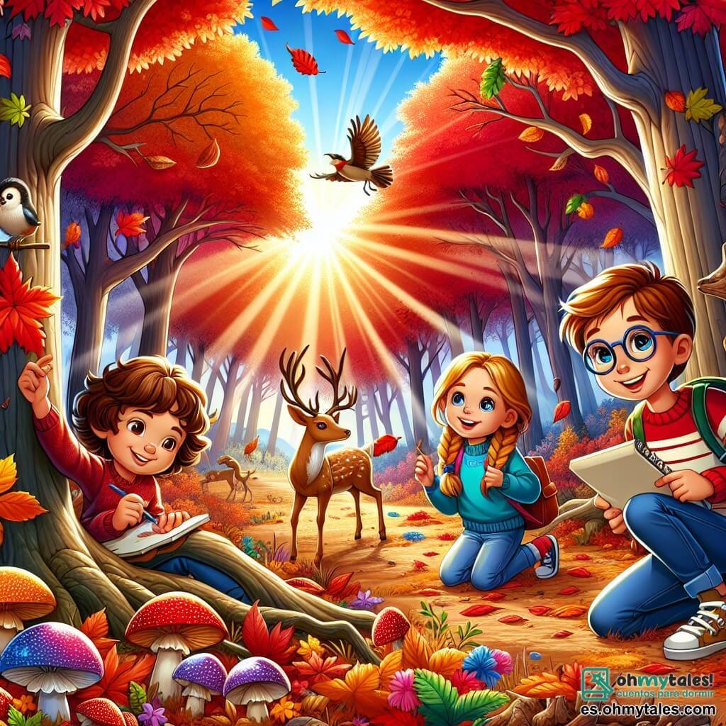 Ilustración que representa un hermoso bosque en otoño, con árboles majestuosos cuyas hojas brillan en rojo, naranja y amarillo. El suelo está cubierto de hojas secas, creando una alfombra colorida que cruje bajo los pies. En el centro de la escena, un niño de nueve años, con cabello castaño y rizado, sonríe sosteniendo una hoja roja en su mano. A su lado, una niña de nueve años, con largas trenzas rubias, dibuja un ciervo en su cuaderno, su rostro iluminado por la emoción. Otro niño, también de nueve años, con gafas y cabello castaño, observa atentamente unos hongos coloridos en el suelo, con una expresión curiosa. La escena principal muestra a los tres amigos en plena exploración, maravillados por la belleza de la naturaleza en otoño. Aves vuelan en el cielo azul claro, y una pequeña ardilla curiosa los observa desde una rama. En el fondo, rayos de sol atraviesan las hojas, añadiendo un toque mágico a esta escena de amistad y descubrimiento.