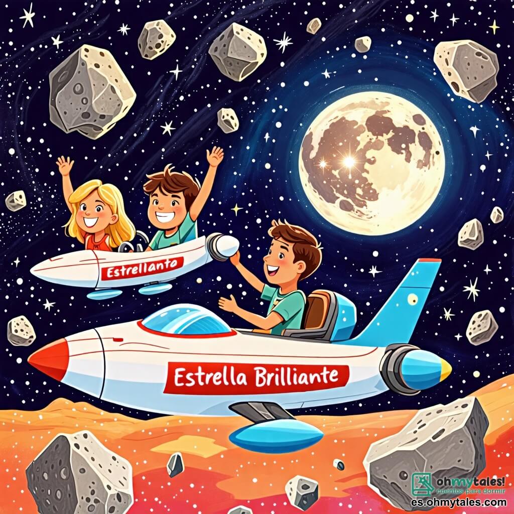 Une illustration sous forme de dessin destinée aux enfants représentant un vaste champ d'astéroïdes scintillants dans l'espace, avec un homme courageux aux cheveux bruns et aux yeux pétillants, pilotant une navette spatiale colorée appelée "Estrella Brillante", tandis que deux astronautes, une fille aux cheveux blonds et un garçon aux cheveux noirs, flottent à l'extérieur de leur navette Luna, souriant et levant les bras en signe de gratitude, alors que le héros manœuvre habilement pour les sauver des rochers flottants.
