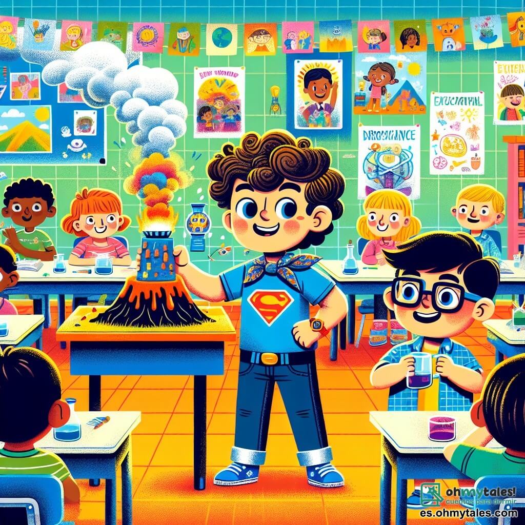 Ilustración que representa una escena animada en una clase colorida, con paredes adornadas con dibujos de niños y carteles educativos. En el centro, un niño de 9 años, con cabello castaño y rizado, lleva una camiseta azul con un superhéroe y pantalones de mezclilla. Está de pie, sonriendo, sosteniendo un modelo de volcán que humea, listo para presentar su proyecto a la clase. A su lado, otro niño de 9 años, con cabello rubio y lacio, usando gafas, mira con admiración y entusiasmo, sosteniendo un pequeño frasco de vinagre para la demostración. Al fondo, otros niños, chicos y chicas, están sentados en sus escritorios, con los ojos fijos en la escena, impacientes y curiosos. La atmósfera es alegre y dinámica, llena de colores vivos y energía, simbolizando el inicio de un nuevo año escolar lleno de aprendizaje y amistad.