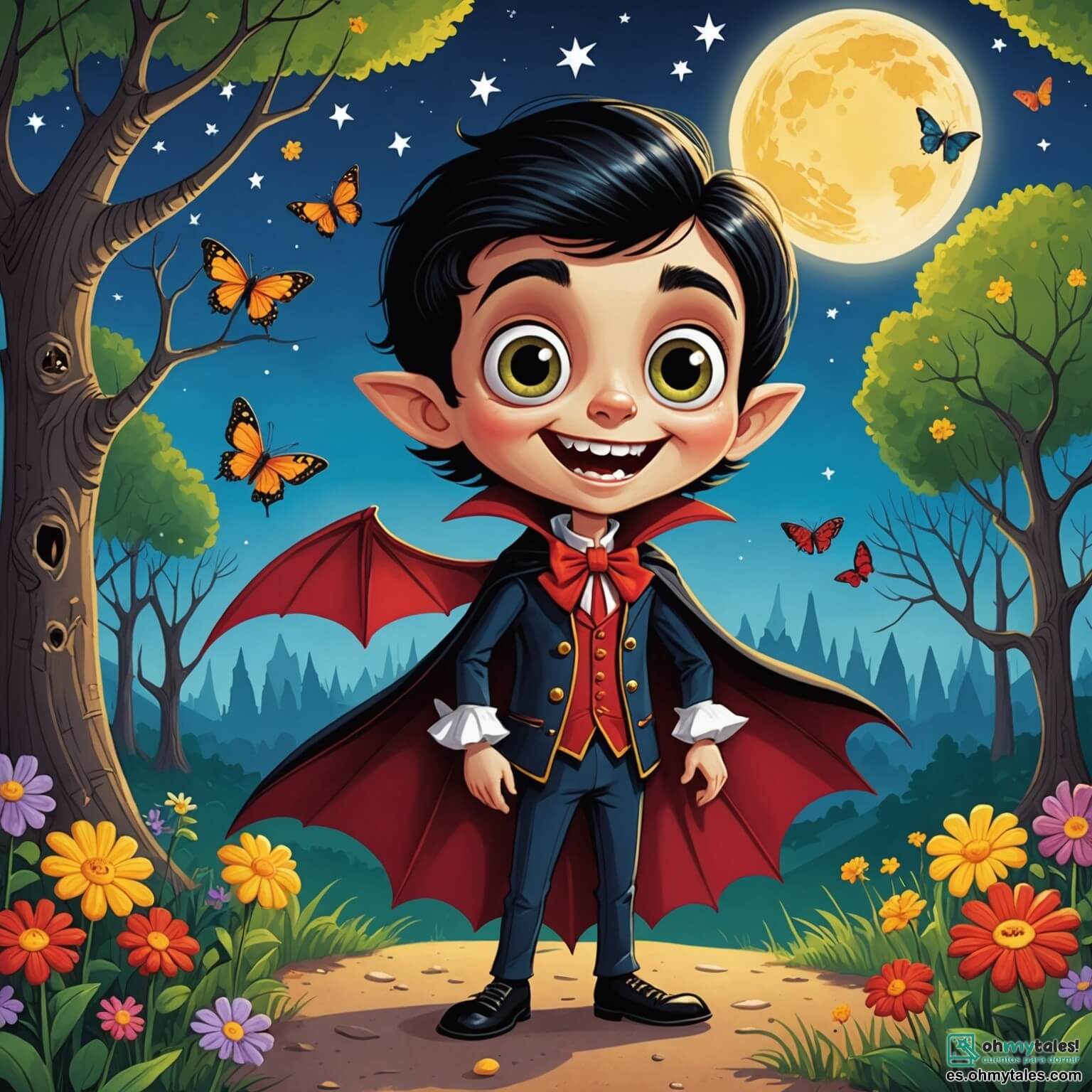 Une illustration destinée aux enfants représentant un petit vampire espiègle aux grands yeux pétillants de malice et aux dents pointues scintillantes comme des étoiles, qui, dans le lumineux et coloré Bosque de las Risas, rempli de fleurs chantantes et d'arbres aux troncs rayés de couleurs vives, se lance dans une aventure hilarante pour dénicher le fameux caramelo de vampiro tout en étant accompagné de sa fidèle amie, une adorable conejita aux longues oreilles et au pelage doux comme un nuage, qui l'encourage à faire rire le vieux Drácula, un vampire au sourire chaleureux et aux yeux rieurs, dans une boutique où les bonbons flottent comme des bulles de savon et où l'air est empli de l'odeur sucrée des friandises.