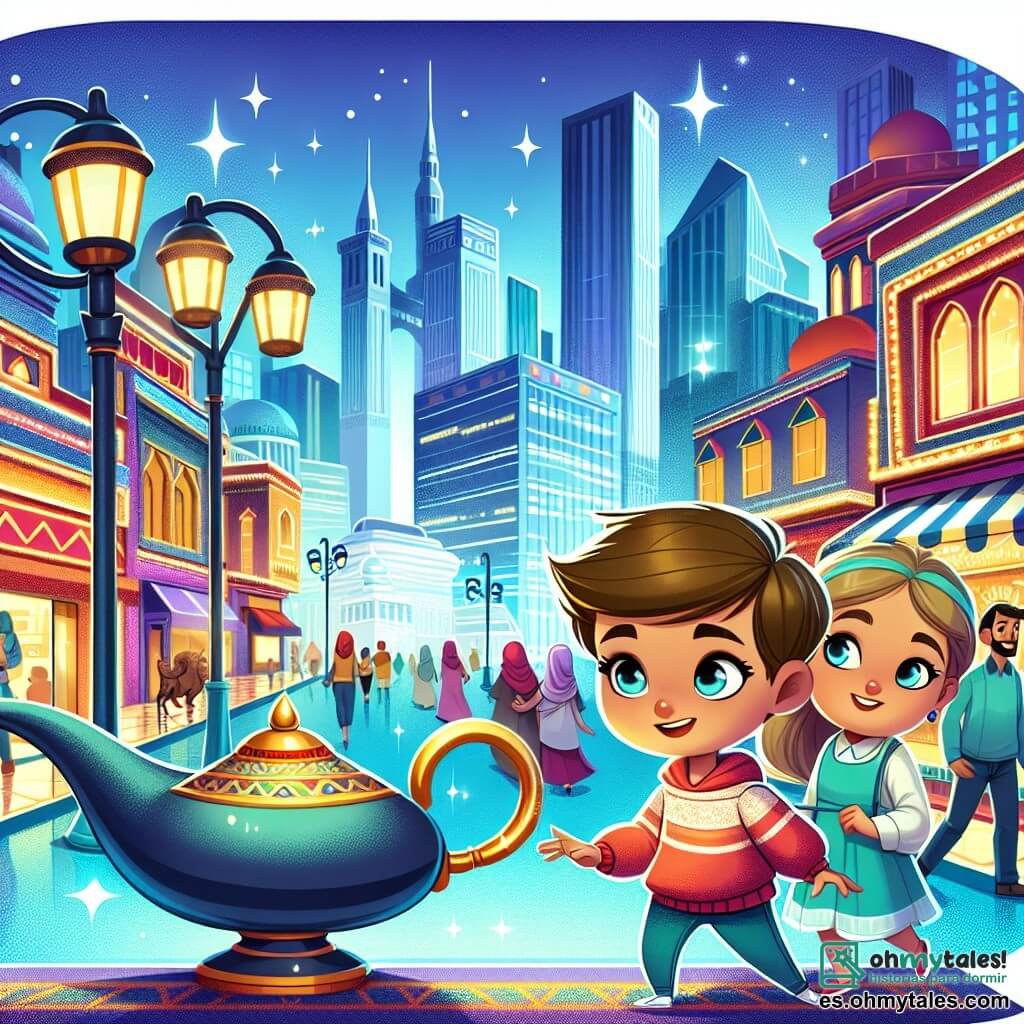 Une illustration destinée aux enfants représentant un jeune garçon curieux découvrant une lampe magique dans un marché animé, accompagné d'une fille passionnée d'architecture, dans une ville moderne et colorée où les rues sont bordées de boutiques étincelantes et de gratte-ciel imposants.