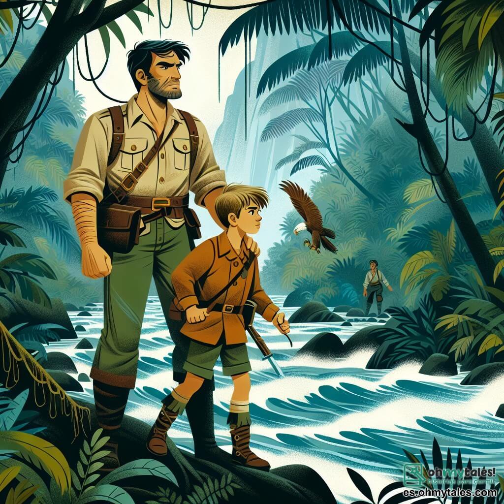 Une illustration destinée aux enfants représentant un explorateur courageux (garçon) se tenant au bord d'une rivière tumultueuse, accompagné de son fidèle guide (homme) et entouré d'une dense jungle luxuriante et mystérieuse.