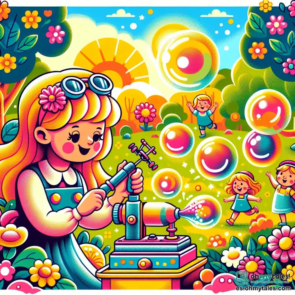 Une illustration destinée aux enfants représentant une jeune femme inventive créant des bulles géantes multicolores avec sa machine magique, sous les regards émerveillés de nombreux enfants au parc ensoleillé rempli de fleurs et d'arbres majestueux.