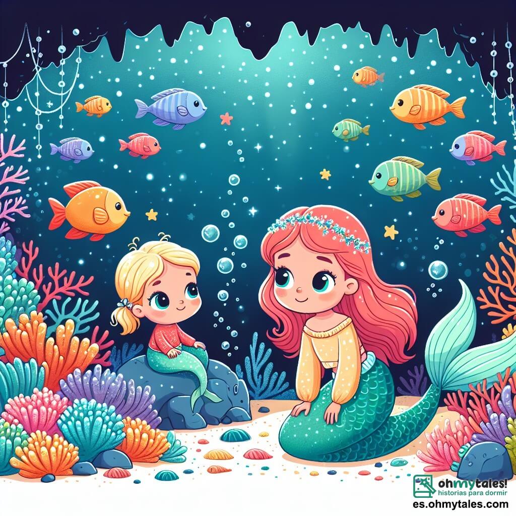 Une illustration destinée aux enfants représentant une sirène curieuse explorant une grotte sous-marine enchantée en compagnie d'un petit poisson coloré, entourée de coraux chatoyants et de bancs de poissons scintillants, dans le royaume magique du fond de l'océan.