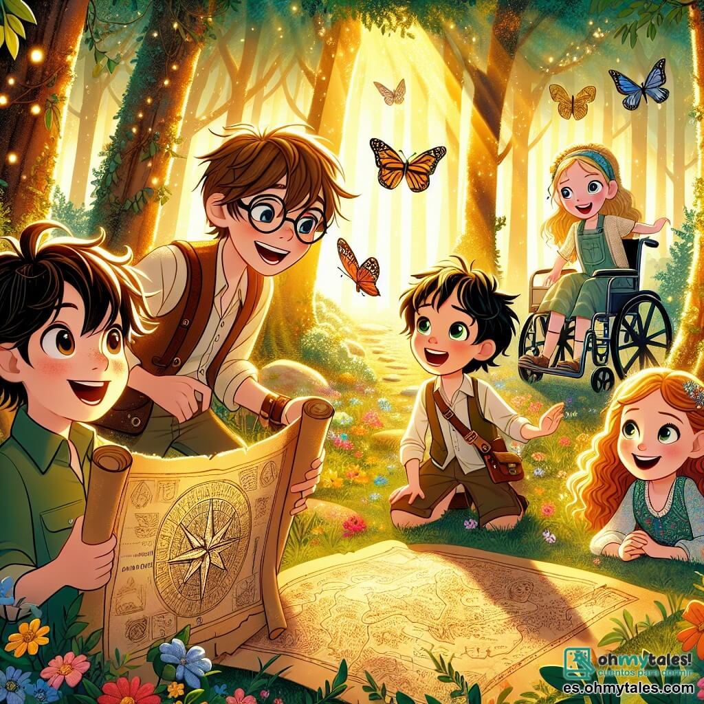 Ilustración que representa un claro encantador en el bosque, bañado de luz dorada que filtra a través de las hojas de los grandes árboles. El suelo está cubierto de flores coloridas, y mariposas danzan en el aire, añadiendo un toque de magia a la escena. En el centro, un niño de unos 10 años, con el cabello castaño revuelto y una sonrisa brillante, sostiene un mapa antiguo en sus manos. A su lado, otro niño, un poco mayor, con gafas y cabello rubio, observa atentamente el dibujo del tesoro en el mapa. Un tercer niño, de aproximadamente 9 años, con cabello castaño y ojos chispeantes, está sentado en una bonita silla de ruedas, sonriendo y animando a sus amigos. Finalmente, una niña de unos 8 años, con cabello largo y rizado, lleva un vestido colorido y mira a su alrededor con asombro. La situación principal muestra a los cuatro amigos, todos emocionados y decididos, listos para embarcarse en una aventura para encontrar un tesoro misterioso. Están rodeados de la belleza de la naturaleza, con expresiones de alegría y entusiasmo en sus rostros. Los pájaros cantan en los árboles, y un pequeño conejito curioso los observa desde un arbusto, añadiendo un toque de vida a esta escena mágica.