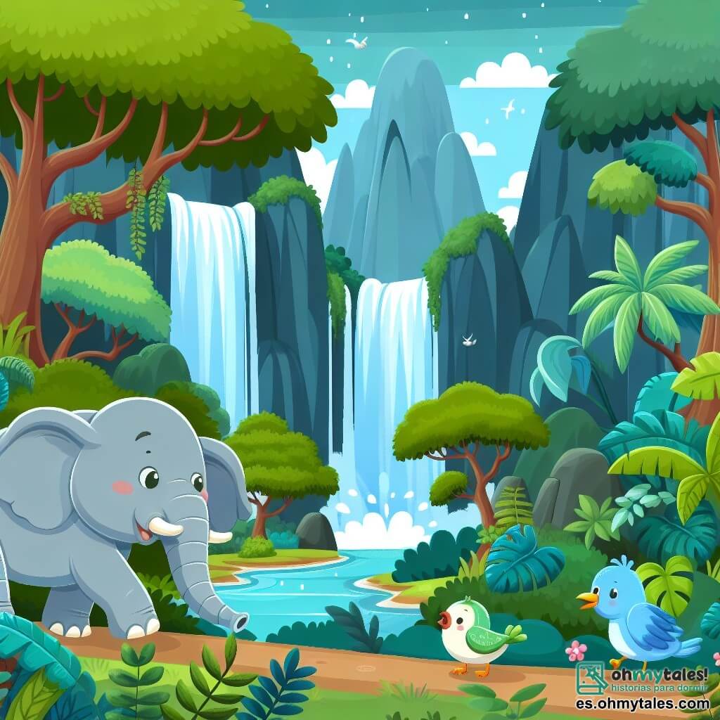 Une illustration destinée aux enfants représentant un éléphant intrépide, accompagné d'un petit oiseau, explorant une luxuriante jungle remplie de cascades étincelantes, d'arbres majestueux et de mystérieuses grottes.