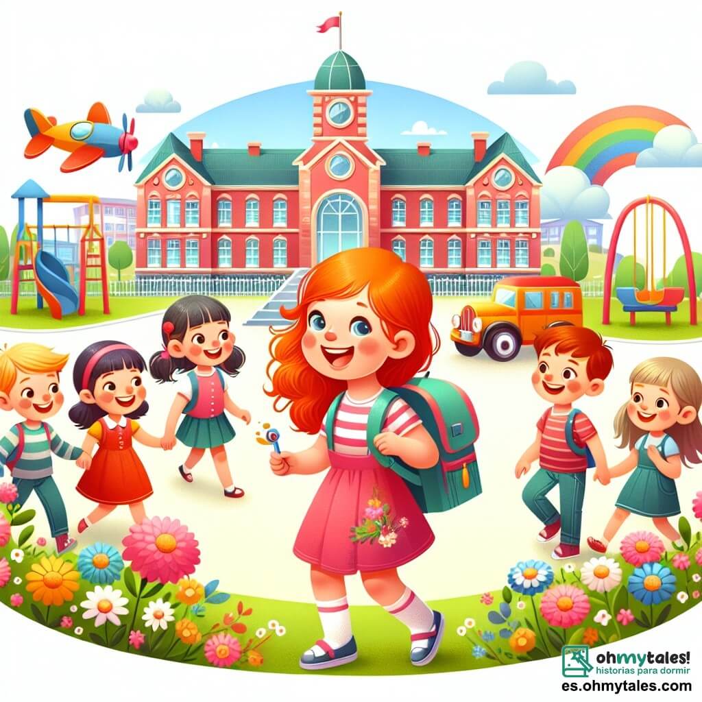 Une illustration destinée aux enfants représentant une jeune fille joyeuse et curieuse, se tenant devant une école colorée avec une grande cour de récréation, accompagnée de nouveaux amis, découvrant ensemble les joies de la rentrée des classes.