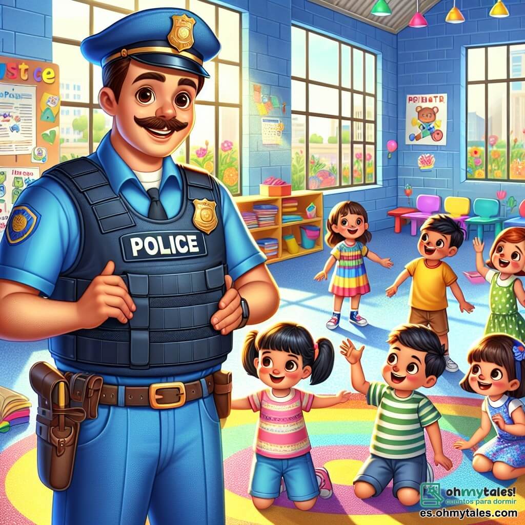 Ilustración que representa una escena animada en una escuela primaria colorida, con un gran gimnasio luminoso cuyas paredes están pintadas de colores vivos y ventanas que dejan entrar la luz del sol. En el centro, un policía sonriente, de unos 35 años, con uniforme azul, gorra y un cinturón lleno de herramientas de seguridad, se encuentra de pie sosteniendo un chaleco antibalas en sus manos. Tiene cabello castaño y un bigote, y su rostro expresa amabilidad y entusiasmo. Alrededor de él, un grupo de seis niños, tres chicos y tres chicas, de entre 8 y 10 años, están reunidos. Los chicos llevan camisetas coloridas y pantalones cortos, mientras que las chicas visten vestidos con estampados. Todos los niños tienen expresiones de alegría y emoción, algunos levantando los brazos, otros probándose el chaleco antibalas con sonrisas brillantes. La situación principal muestra al policía explicando la importancia de la seguridad mientras los niños se prueban el chaleco antibalas, riendo y divirtiéndose. En el fondo, carteles educativos sobre seguridad y globos de colores añaden un toque festivo a la atmósfera. Libros abiertos y juguetes están esparcidos por el suelo, subrayando el aspecto lúdico del aprendizaje.