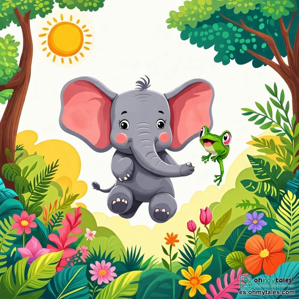 Une illustration sous forme de dessin destinée aux enfants représentant une jungle luxuriante et ensoleillée, avec un éléphant aux grandes oreilles et à la peau grise, sautant joyeusement dans les airs avec un grand sourire, tandis qu'une petite grenouille verte aux yeux pétillants, perchée sur une feuille, applaudit et encourage l'éléphant, le tout entouré de fleurs colorées et d'arbres majestueux, capturant l'esprit d'amitié et de jeu dans une scène pleine de vie et de bonheur.