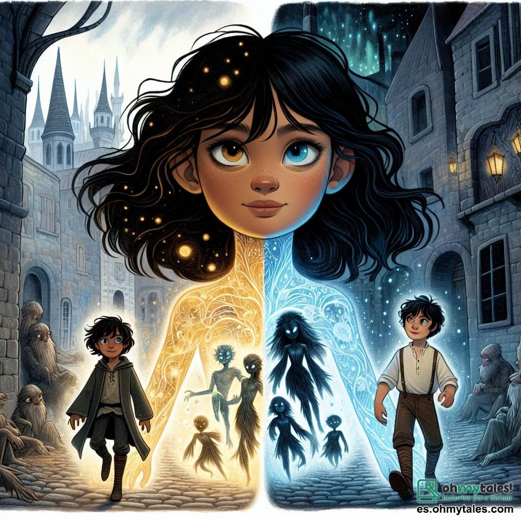 Une illustration destinée aux enfants représentant une jeune fille aux cheveux d'ébène, découvrant un royaume de sombres ruelles pavées et de bâtiments anciens habités par des créatures de lumière et d'ombre, accompagnée de son fidèle compagnon, un garçon fait de lueur et ténèbres.