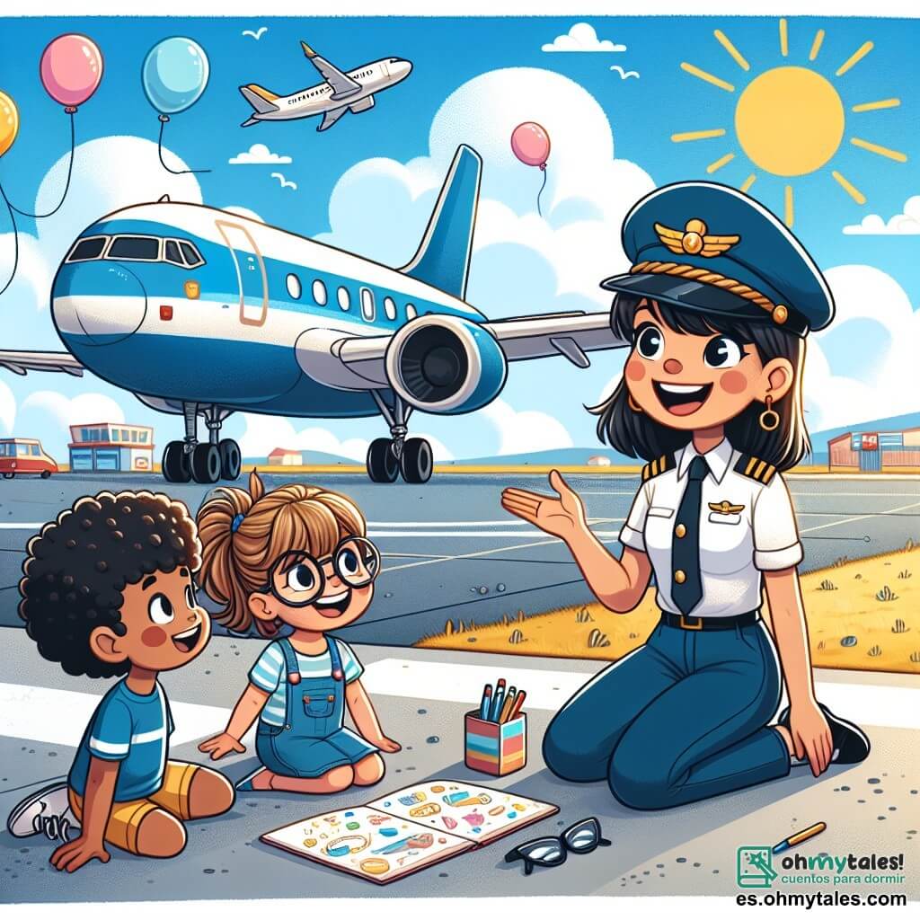 Une illustration sous forme de dessin destinée aux enfants représentant un aéroport ensoleillé avec un avion aux grandes ailes stationné sur le tarmac, où une femme pilote souriante, portant un uniforme bleu et une casquette, explique avec enthousiasme le fonctionnement de l'avion à trois enfants : une fille aux cheveux bruns et bouclés, qui regarde avec émerveillement, un garçon aux lunettes et aux cheveux blonds, qui pose des questions curieuses, et une autre fille aux cheveux raides et noirs, qui prend des notes sur un petit carnet, tandis qu'un ciel bleu parsemé de nuages blancs et des ballons colorés flottent autour d'eux, créant une atmosphère joyeuse et pleine de rêves d'aventure.