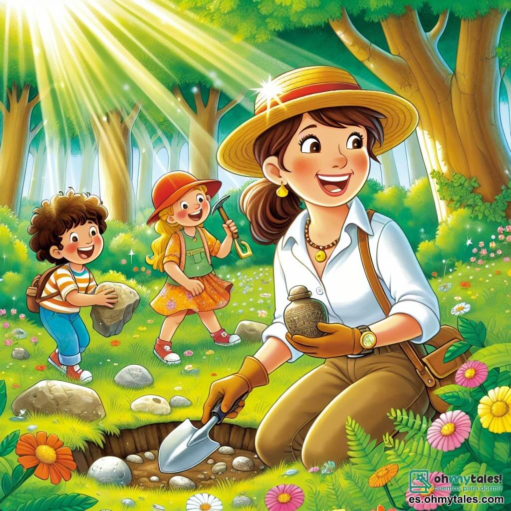 Illustration destinée aux enfants représentant une scène ensoleillée dans un forêt verdoyante, où de grands arbres aux troncs robustes se dressent, leurs feuilles scintillant sous les rayons du soleil. Au centre, une femme archéologue, avec des cheveux châtains attachés en une queue de cheval, porte un chapeau de paille et une chemise à manches courtes, souriant joyeusement tout en tenant une petite pelle et un pinceau, prête à découvrir des trésors du passé. À ses côtés, deux enfants, un garçon aux cheveux bouclés et une casquette rouge, et une fille aux cheveux longs et blonds, vêtue d'une robe colorée, s'excitent en découvrant une pierre brillante et une céramique ancienne enfouie dans le sol. L'atmosphère est remplie d'émerveillement et de curiosité, avec des fleurs colorées éparpillées autour et des oiseaux chantant dans les arbres, illustrant l'aventure joyeuse et éducative de la découverte archéologique.